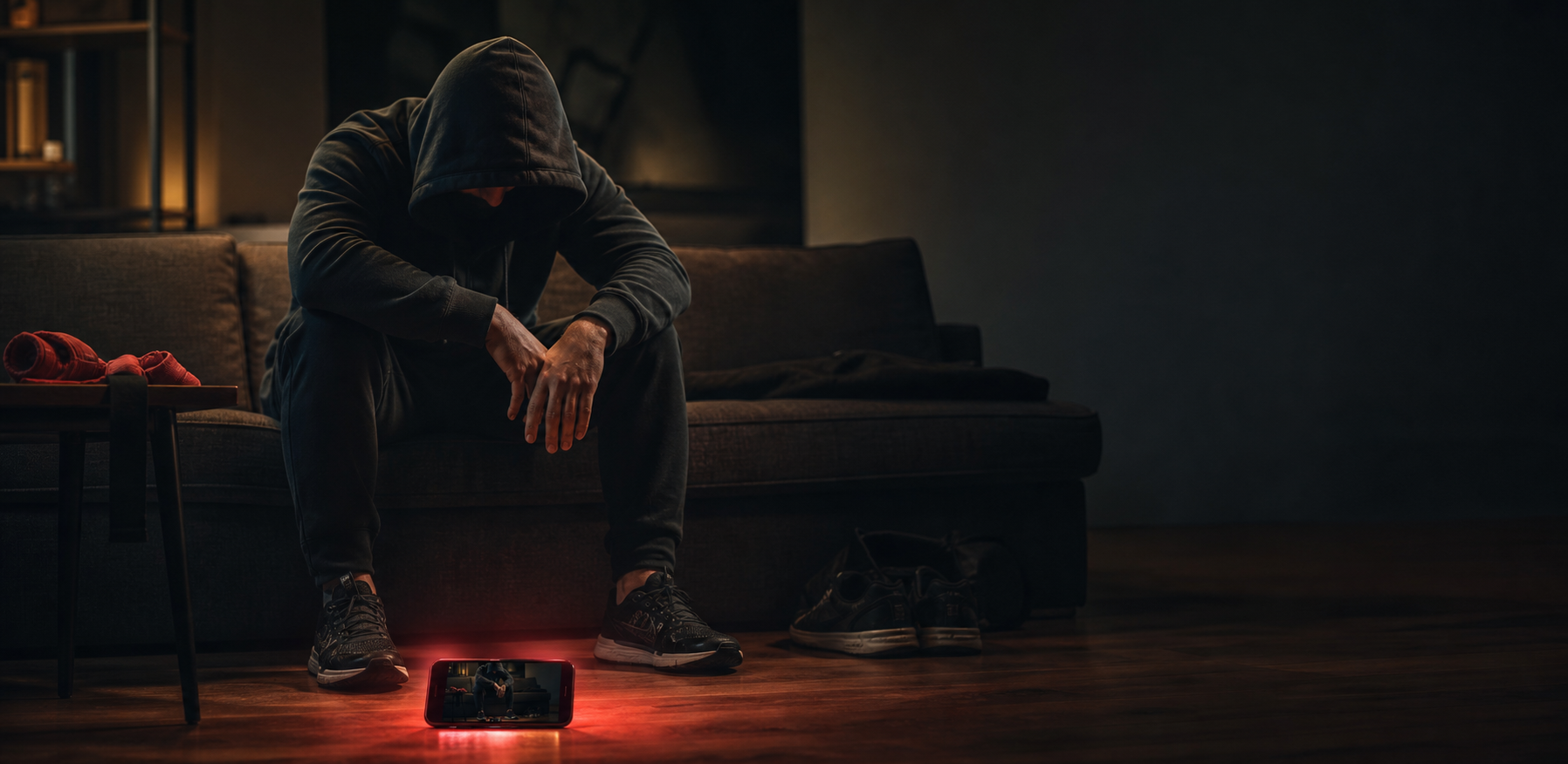 A hooded person sitting on a sofa, looking down at a glowing phone on the floor.